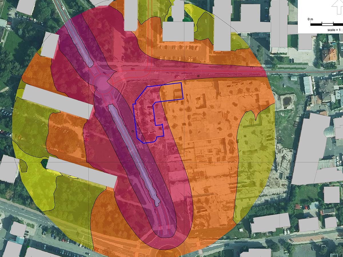 Ukážka hlukovej mapy v urbanistickom území − farebne sú od seba odlíšené jednotlivé hlukové pásma